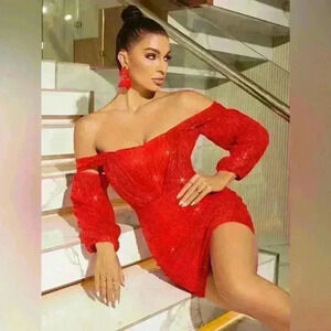 SHEIN Glamaker Off Shoulder Lantern Sleeve Sequin Bodycon Dress SOLD OUT ONLINE